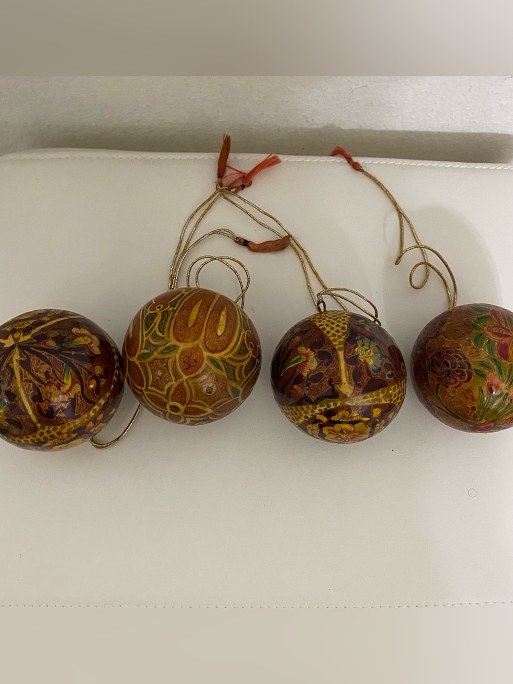4 Vintage Kashmir Paper Mache Christmas Ornaments Hand Painted Floral Baubles